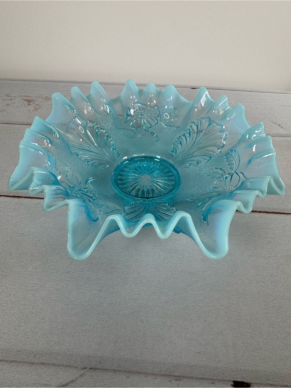 Antique Northwood Aqua Opalescent Glass Wild Rose Acanthus Leaf Crimped Bowl